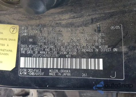 2005 Toyota Highlander V6 z USA, uszkodzony, nr VIN JTEEP21A050123787